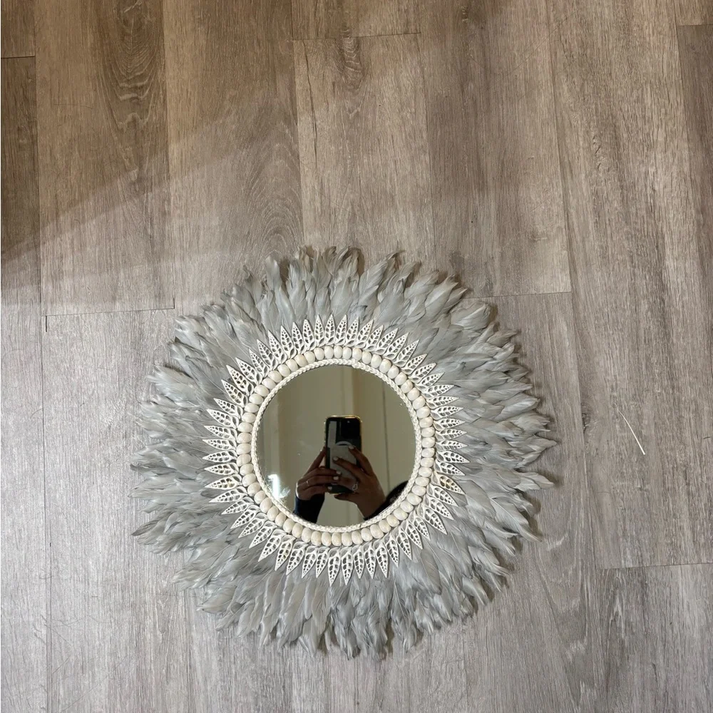 Elegant Gray Feathered Wall Mirror